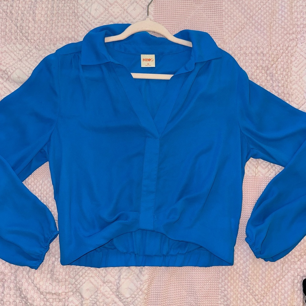 Ninety-Six Electric Blue V-Neck Collared Blouse